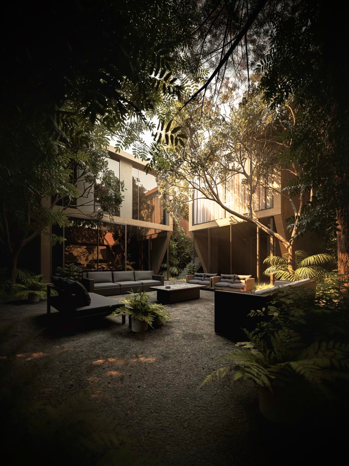 Sunlit courtyard with trees and outdoor seating