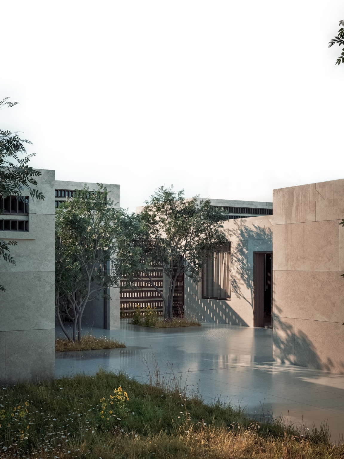 Pale stone courtyard framed by trees and open sky